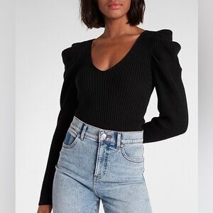 EXPRESS Chic Black Ribbed V-Neck Puff Sleeve Sweater XS